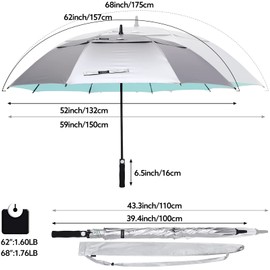 G4Free 68 Inch UV Protection Golf Umbrella Auto Open Vented Double Canopy Oversize Extra Large Windproof Sun Rain Umbrellas (Silver/Lake Blue)