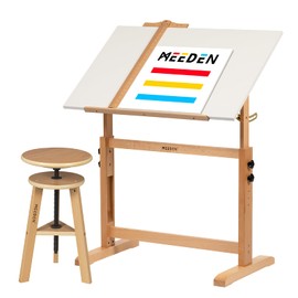 MEEDEN White Board Drafting Table and Stool Set, Height Adjustable Artist Wooden Stool and Craft Table, Tiltable Tabletop of Drawing Desk, Perfect for Writing, Artwork, Artists Studio