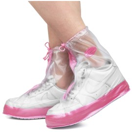 Rain Shoe Covers | Waterproof Shoe Covers for Men Women | Reusable Galoshes Overshoes (Clear/Pink, XX-Large)