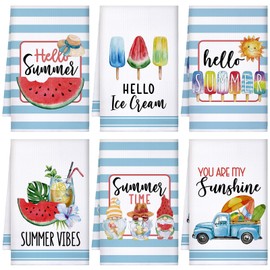 Sratte 6 Pcs Summer Kitchen Towels Dish Towels 24 x 16 Inch Farmhouse Summer Decorative Hand Bath Drying Towels Absorbent Tea Towel for Summer Kitchen Bathroom Decor (Blue, Red,Watermelon)
