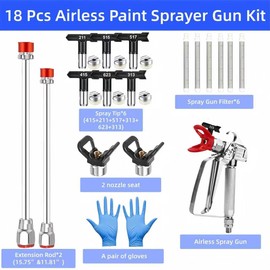 18 Pcs Airless Paint Sprayer Gun Kit – 3600PSI Professional Spray Gun, 6 Reversible Tips (211/313/415/515/517/623), 2 Extension Rods, 6 Filters & 2 Nozzle Seat，a Pair of Gloves
