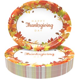 50-Count Thanksgiving Paper Plates: Fall Leaves Themed Heavy Duty Large Dinner Plates, Disposable Dinnerware Set for Autumn Harvest Friendsgiving Party Decorations Supplies (Oval, 10.2 x 12.6 Inch)
