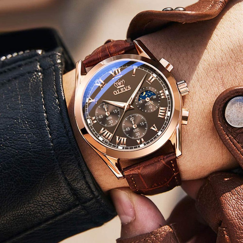 OLEVS Men Watch Leather Strap Moon Phase Casual Classic Analog