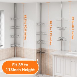 Dimyno Corner Shower Caddy Tension Pole Rustproof, 4 Tier Adjustable Shower Organizer Tension Pole, 25-125 Inch Bathroom Shower Organizer for Bathtub Shampoo Storage, Silver