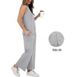 XIEERDUO 2 Piece Lounge Sets for Women summer Fashion Travel Outfits Wide Leg Sweatsuit sleeveless Loungewear Airport Tracksuit Casual spring Grey XL