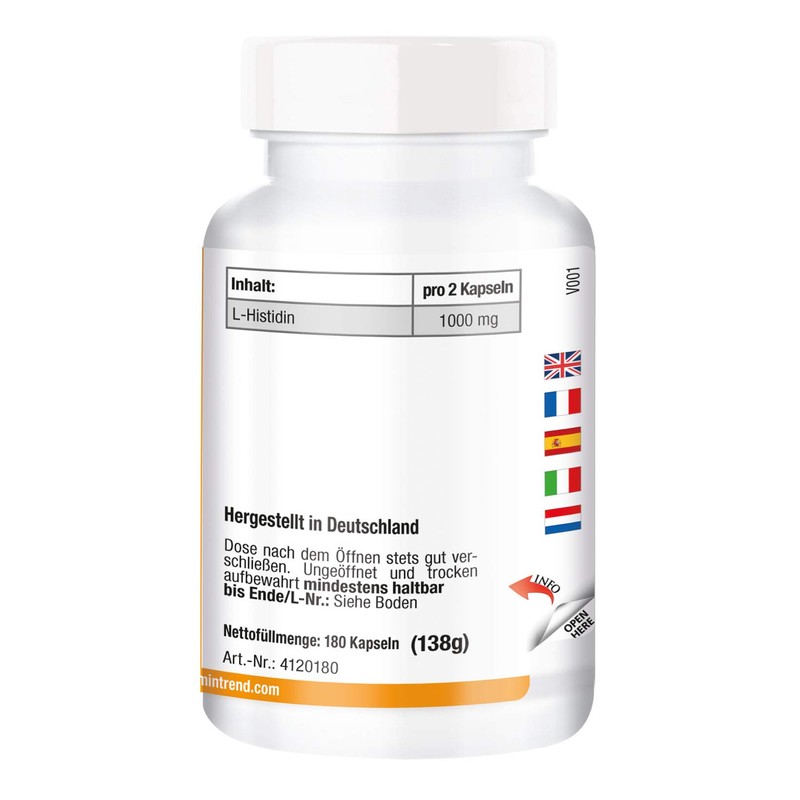 L-Histidine 500 mg - 180 Capsules - Vegan - High