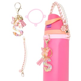 TOVICE Letter Charm Accessories for Owala Water Bottle 24-40oz, 3PC Cute Initial Charms & Water Bottle Handle Strap with a Thick Elastic Silicone Ring Holder (Pink, S)