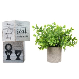 Dazingart Funny Bathroom Decor Signs, Farmhouse Six-Sided Block Decoration Rustic Wooden bathroom tiered tray decor Restroom Sign for Wall (Blocks+Plant)