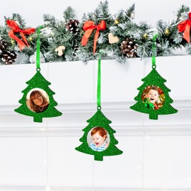 Fassory 20 Pcs Christmas Ornaments Felt Glittering Hanging Photo Frame, Xmas Tree Baubles, Pictured Gift Tags, Anniversary Decorations, Birthday Party Supplies (Green Christmas Tree)