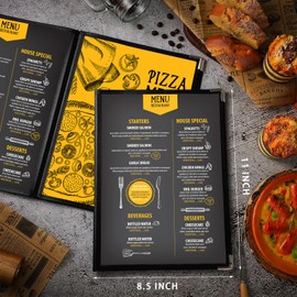 8.5 x 11 Inch Menu Covers 4 Page 8 View Transparent Restaurant Menu Covers Book Fits A4 Size Paper, Clear Menu Holder Bar Cafe Menu Folder with Leatherette Trim and Decorative Corners, Black (50 Pcs)