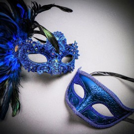 ILOVEMASKS Couple Masks Masquerade Phantom Men & Women Side Feather Venice Masks Set Blue - Women