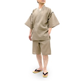 Ai Ai Jinbei, 85% Cotton, 15% Linen, Washable, Shijira Weave, Top and Bottom Set, Cool, Assorted Colors and Patterns, beige-7