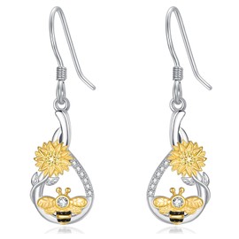 Zhi Kexin Bee Sunflower Dangle Drop Earrings for Women 925 Sterling Silver Bumble Bees Dangling Hook Earring Birthday Jewelry Mothers Day Mom Gifts for Wife