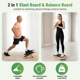 AURIVISTA 2-in-1 Slant & Balance Board, 180° Adjustable Wooden Calf Stretcher with Training Poster, 6 Angle Portable Incline Board, 300lb Capacity for Ankle Achilles Stretching & Physical Therapy