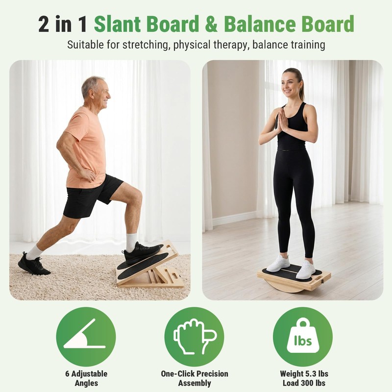 AURIVISTA 2-in-1 Slant & Balance Board, 180° Adjustable Wooden Calf