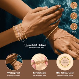 Milacolato Bracelet Women's Gold 18K Gold-Plated Gold Bead Bracelet Stack Set Stretchy Elastic Gold Bead Bracelet Waterproof Gold Tennis Bracelet Adjustable Bracelets Gold Jewellery Set