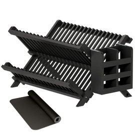 Greenual Black Bamboo Dish Drying Rack with Utensil Holder, 2 Tier Collapsible Dish Rack, Wooden Dish Racks for Kitchen Counter, Folding Drying Holder with Absorbent Dish Drying Mat