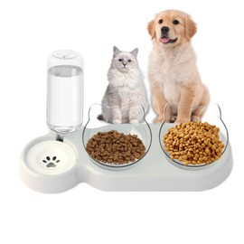 YAUVC Dog Food Bowl - 2 in 1 Double Cat Bowls Pets Water Cat Food Bowl Set 15°Tilted Cat Feeding Bowl Automatic Double Dog Bowls with Water Dispenser Detachable Water Bowl Set for Small Dog &Cat -Grey