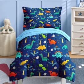 Nesker 4 Pcs Comforter Set Toddler Size, Blue Dino Bedding for Kids Teen, Colorful Dinosaur Bed Sheet with Pillowcase & Sham
