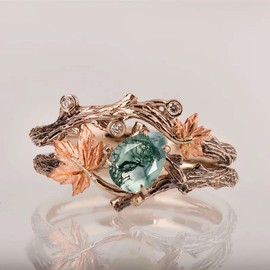 Dorunmo Moss Agate Ring for Women Sterling Silver Green Stone Agate Ring Leaf wedding ring Moss Agate Jewelry Gift for Valentine's Day Engagement Anniversary Birthday Size 6