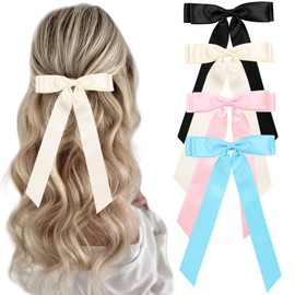 FEINIGESI 4 PCS Hair Ribbon Bows for Women Satin Bow Hair Clip With Long Tail Bowknot Hair Barrettes for Girls Ribbon Hair Ties Accessories