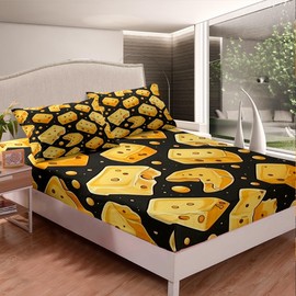 Feelyou Cheese Bed Sheets Full Size Cartoon Cheese Sheet Set for Kids Boys Girls Teens Toddler Yummy Food Bed Set Black Yellow Sheets 4Pcs,1 Fitted Sheet+2 Pillow Sham+1 Flat Sheet