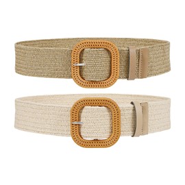 SUOSDEY Pack of 2 Straw Woven Elastic Stretch Waist Belt for Women Summer Boho Wide Waist Dress Band Braided Belt, A: khaki + sand colour