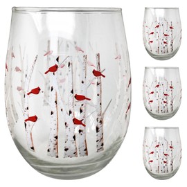 Banberry Designs Cardinal Stemless Wine Glasses - Cardinals Perched on White Birch Trees #6073
