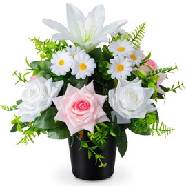 Artificial Grave Flowers in Pots, Artificial Rose Lily Daisy Memorial Flowers with Pot for Cemetery Funeral Outdoor Graveside Decoration (1piece, White & Pink)