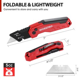 WORKPRO Folding Utility Knife, Quick Change Box Cutter, Razor Knife for Cartons, Cardboard, Boxes, Blade Storage in Aluminum Handle, 13 Extra Blades Included (Red)