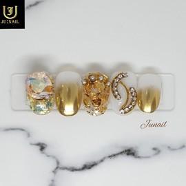 Gold Topaz Handmade Nail Tips - Short Straight Coffin / 골드토파즈 수제네일팁 - 숏일자형코핀