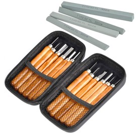 TIMESETL 17Pack Small Wood Carving Set, 12pcs Wood Carving Tools SK2 Carbon Steel + 4pcs Whetstone + 1pcs Storage Case for Beginners DIY Woodworking Sculpting Whittling with Safety Cap