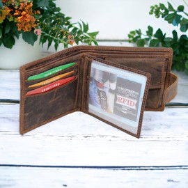 MORUCHA Wallets Men Anti-Theft RFID Blocking Genuine Distressed Hunter Leather Passcase Wallet Money Cards Coin Organiser Purse Gift for Men M80 Dark Brown