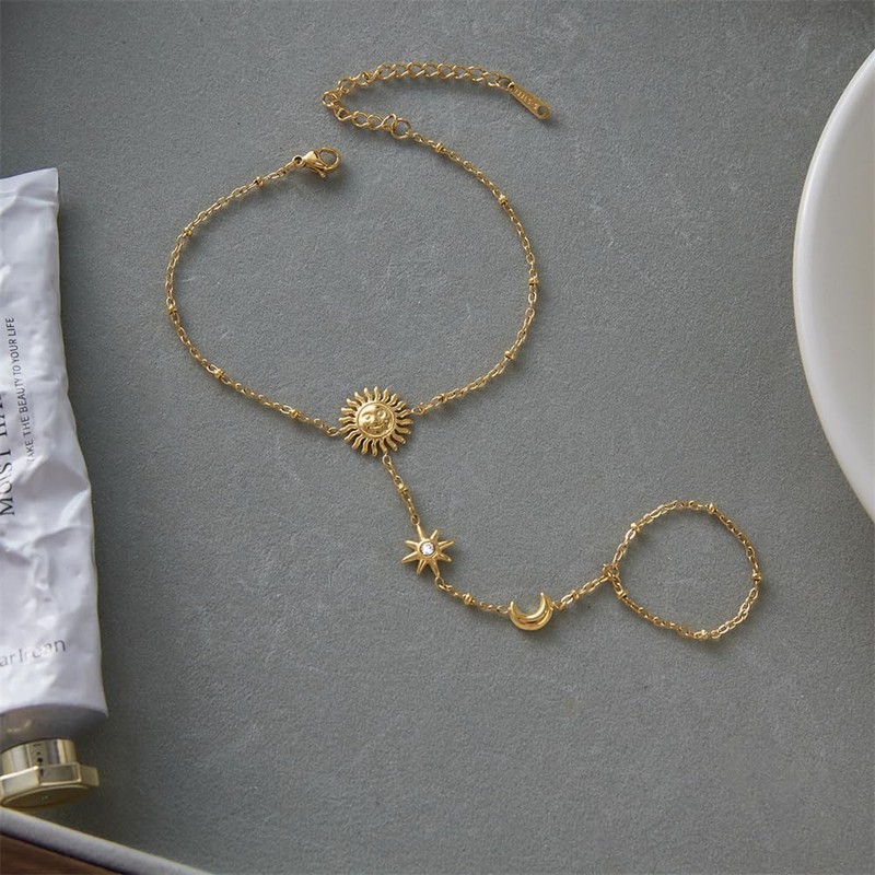 Dainty CZ Moon Sun Star Hand Chain Ring Bracelet for