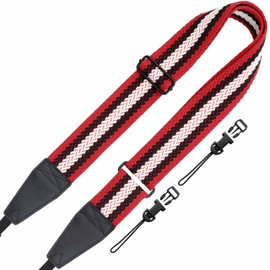 Padwa Lifestyle Adjustable Camera Strap - 2" Top Layer Cowhide Head Camera Straps for Photographers,Soft Cotton Rope Crossbody Strap with Quick Release fits All Cameras - Red Black Stripe