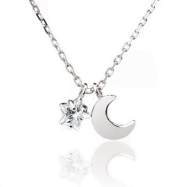SNINY HEART Necklace, Women's Star, Moon Motif (Silver), Cubic Zirconia, CZ Diamond, Popular, Brand, Simple, Chain Necklace