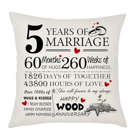 5th Wedding Anniversary Wood Anniversary Cushion Cover - Gift for Wife or Husband - 5 Years of Marriage Keepsake Present - Elegant 45x45cm Pillow Case (5 Years of Marriage)