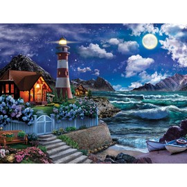Bits and Pieces - 300 Piece Jigsaw Puzzle for Adults - 18" x 24" - Lighthouse in The Night - 300 pc Large Piece Colorful Ocean Jigsaw by Image World