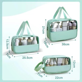 3PCS Clear Toiletry Bag, Portable Waterproof Wash Bags Set in PVC, Transparent Cosmetic Bags for Men and Women, Large Makeup Bags with Zipper Handle for Full Size Travel Essentials Toiletry Bag Green