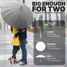 Royal Walk Large Windproof Umbrella for 2 People, 54 Inch, Grey, Aluminum Frame, 16 Ribs, Wooden Handle, Auto Open, Drying, Strong, Travel 120cm