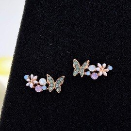 Quke 925 Sterling Silver Clear AB Austrian Crystal Golden Butterfly Ear Clips for Women and Girls