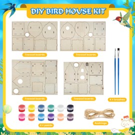 YFPOPONE 4 Pcs DIY Bird House Kit Kids, Wooden House Craft Kits for Kids, Paint Your Own Birdhouses for Kids, Craft Box for Kids to Build and Paint Birdhouse, Wood Painting Kits for Girls and Boys