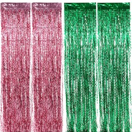 SAVITA 4 Packs Wavy Tinsel Foil Fringe Curtains, 6.56x3.28ft Fringe Backdrop Curtain Streamers Witch Party Decor Photo Props for Pink Green Theme Birthday Party Decorations