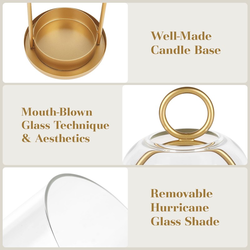 Versatile Metal Candle Holder Set with Handmade Glass Dome,Antique Brass