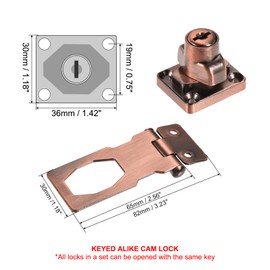 PATIKIL Keyed Hasp Locks, 2 Pack 2.5 Inch Twist Knob Locking Hasp Lock Metal Safety Hasp Latches for Cabinet Small Door, Keyed Alike, Copper