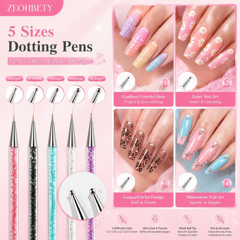 ZEOHBETY Nail Art Brushes, 5Pcs Nail Art Liner Brushes, Dotting