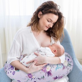 CARUILI 2 Pack Nursing Pillow Covers, Stretchy Removable Breastfeeding Pillow Covers for Baby Girl Newborn, Super Soft Fabric, Only Covers (Pruple & Floral)