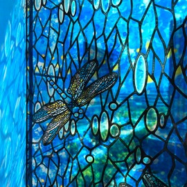 Flortlias Static Cling Window Film, Stained Glass Window Film Decorative Double-Sided Hand-Drawn Door Window Clings for Home Office Living Room, Blue Dragonfly, 15.74" Wide