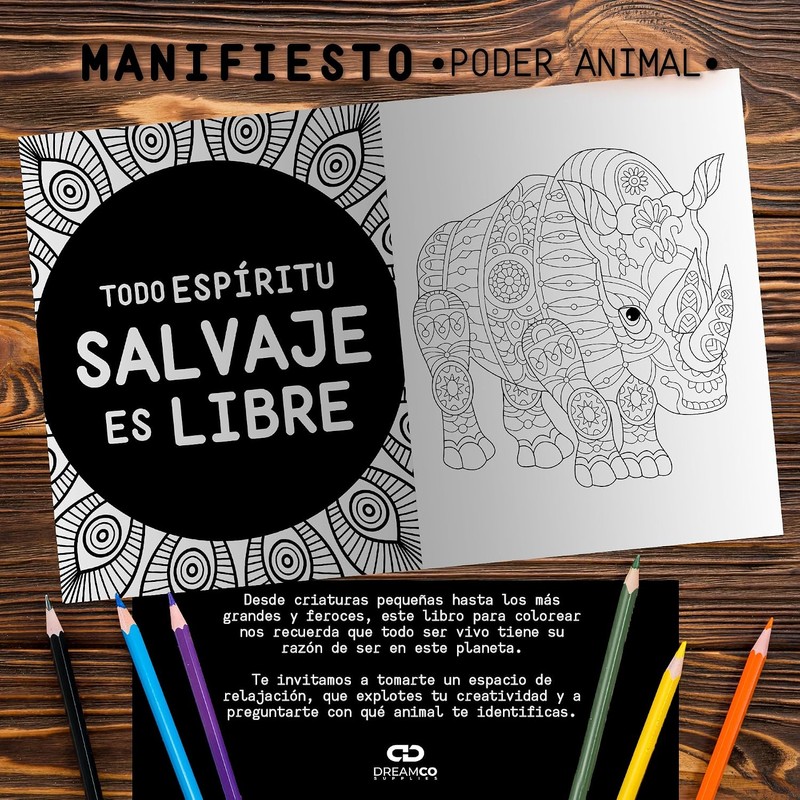 Libro para Colorear Mandalas Antiestrés Manifiesto PODER ANIMAL, Relajación y