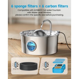 AONBOY Cat Fountain Filters Replacement: 6 Filters + 6 Cat Fountain Sponge, Suitable for AONBOY Pet Fountain S3-SC, Multiple Filtration, Isolates Floating Hairs and gets rid of Odors